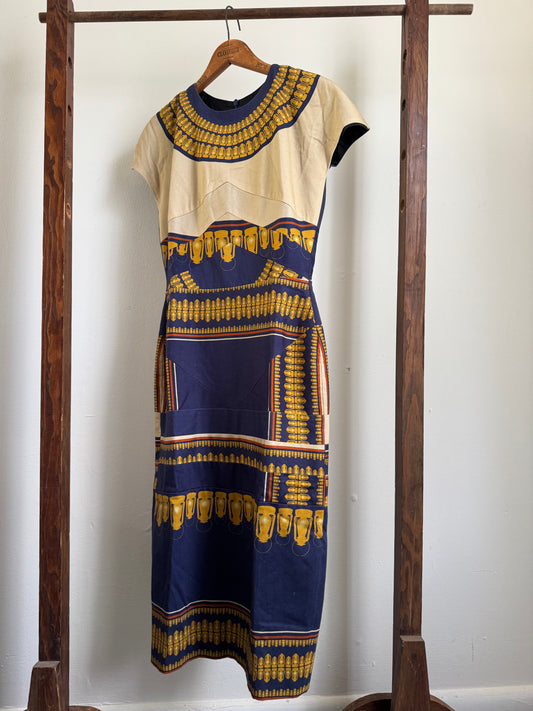Reclaimed Charlotte Taylor Lantern Dress in Navy/Tan