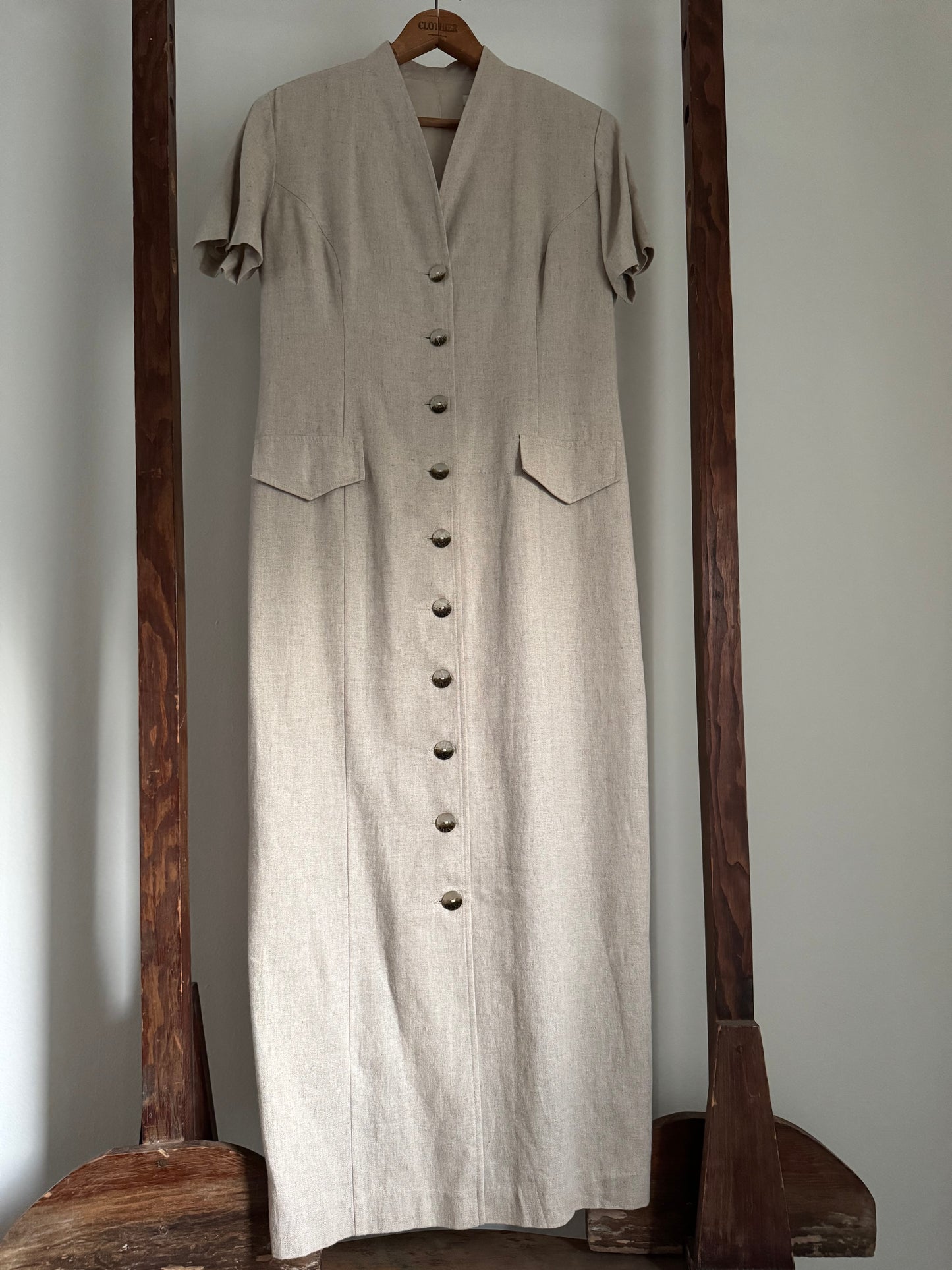 Vintage Linen/Rayon Button Up Dress in Sand
