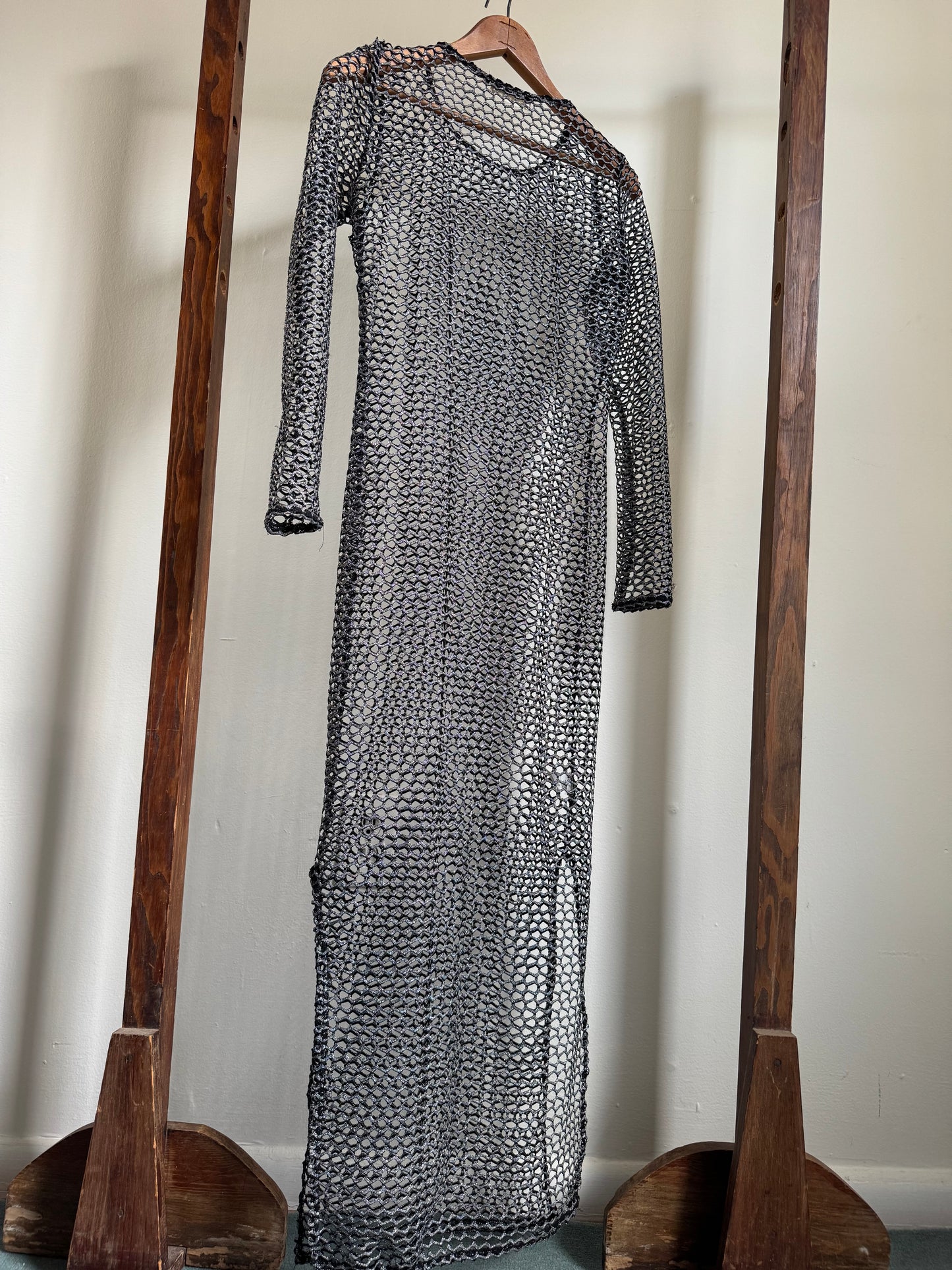 Reclaimed Fish Net Dress in Silver & Black