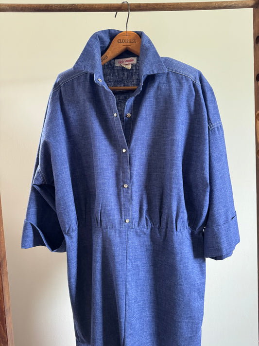 Vintage Denim Shirt Dress with Pearl Snaps