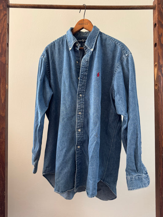 Reclaimed Ralph Lauren Denim Button Down Shirt with Red Logo