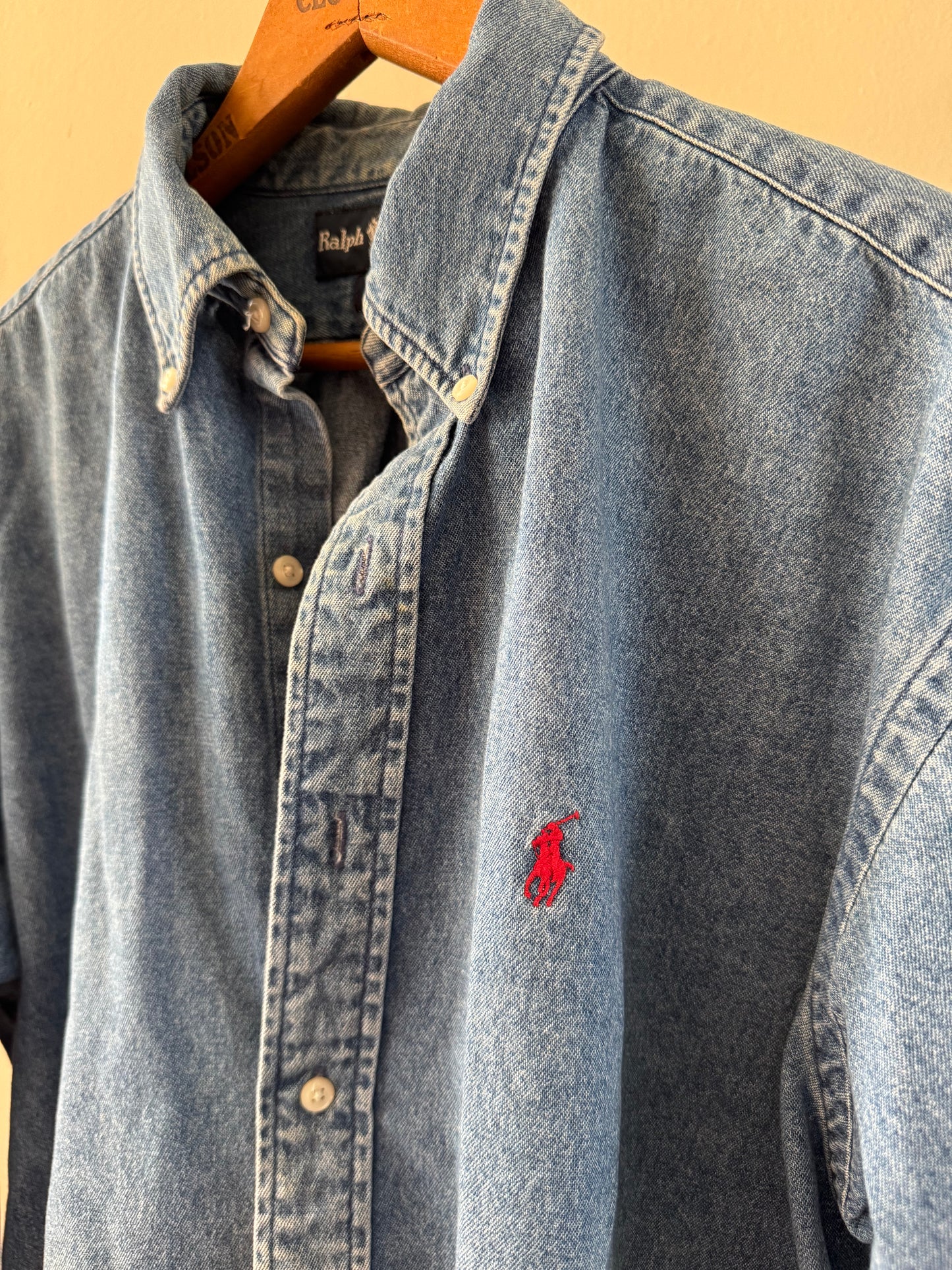 Reclaimed Ralph Lauren Denim Button Down Shirt with Red Logo