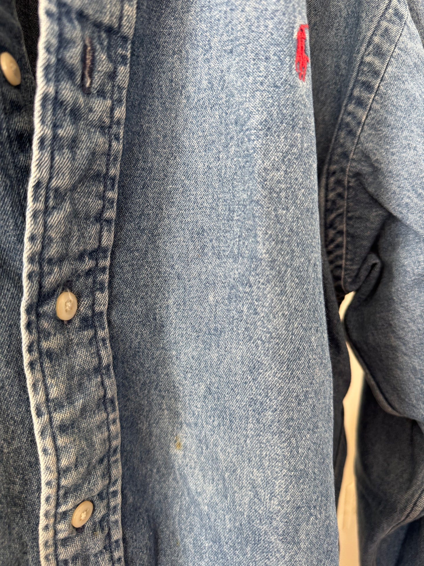 Reclaimed Ralph Lauren Denim Button Down Shirt with Red Logo