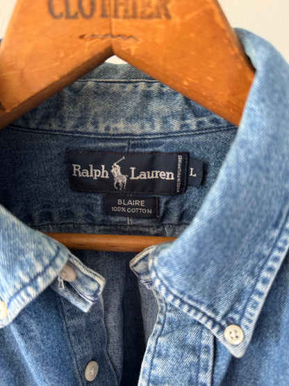Reclaimed Ralph Lauren Denim Button Down Shirt with Red Logo