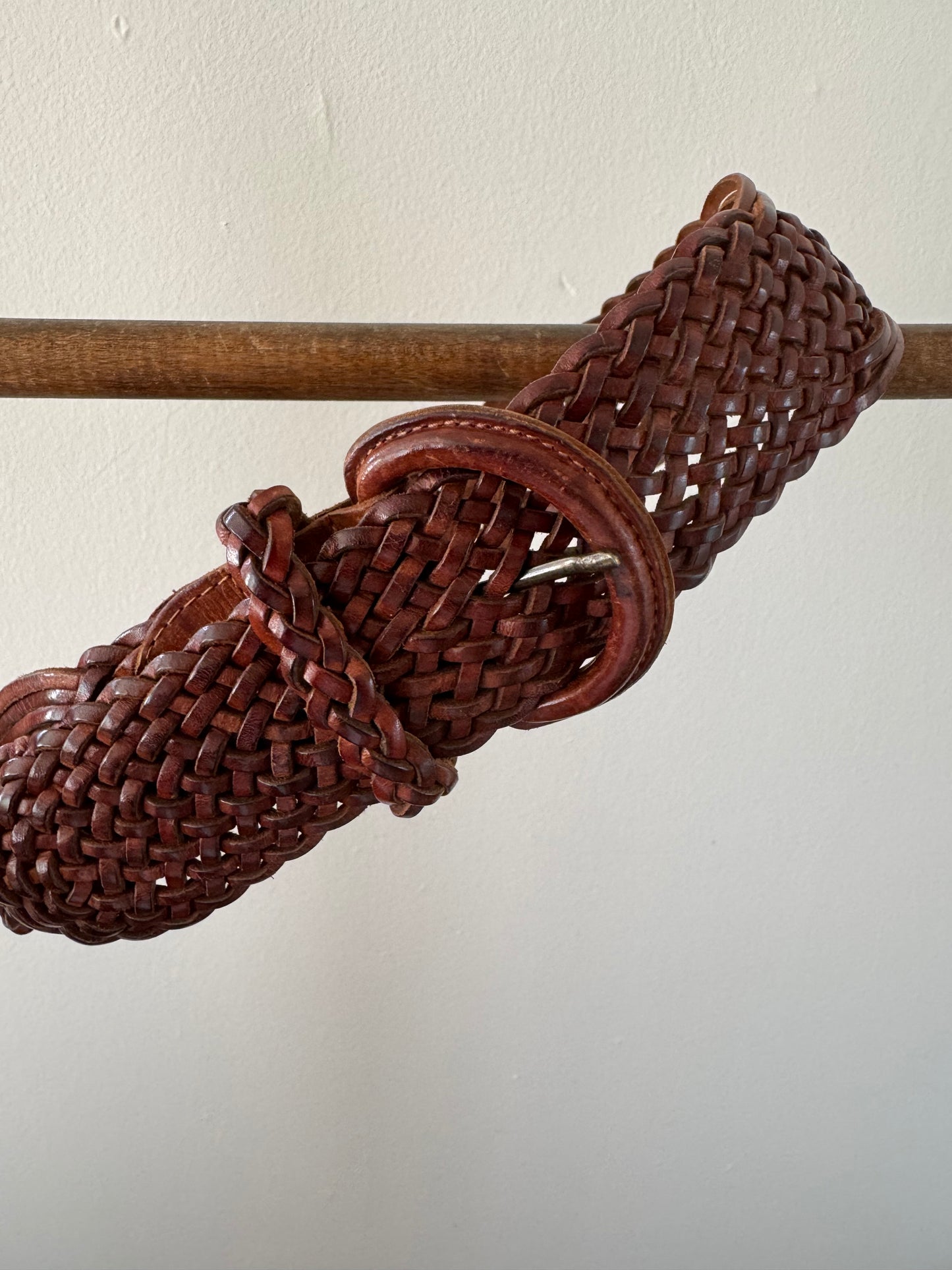 Vintage Wide Woven Leather Belt in Brown