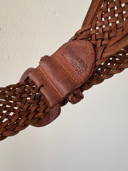 Vintage Wide Woven Leather Belt in Brown