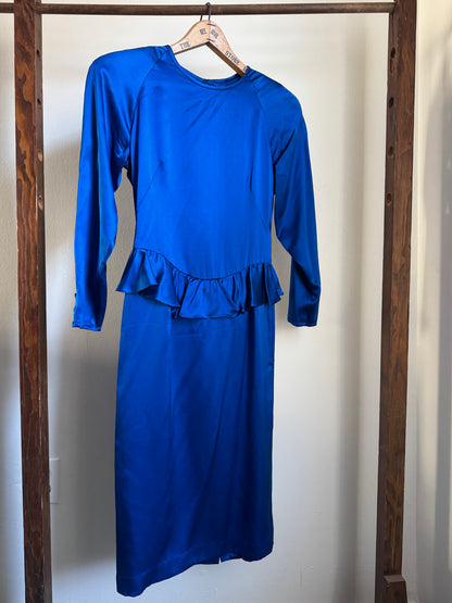 Vintage Argenti Silk Long Sleeve Peplum Dress in Cobalt
