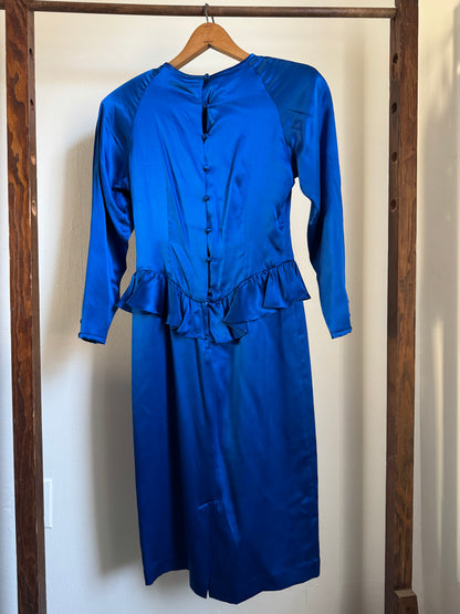 Vintage Argenti Silk Long Sleeve Peplum Dress in Cobalt