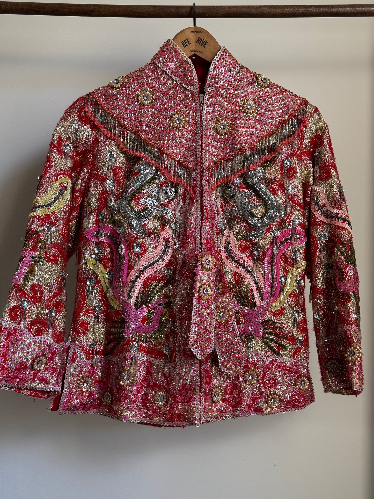 Vintage Dynasty Sequin & Beaded Jacket in Pink/Red