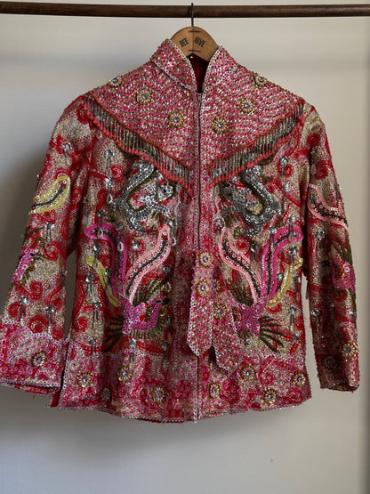 Vintage Dynasty Sequin & Beaded Jacket in Pink/Red