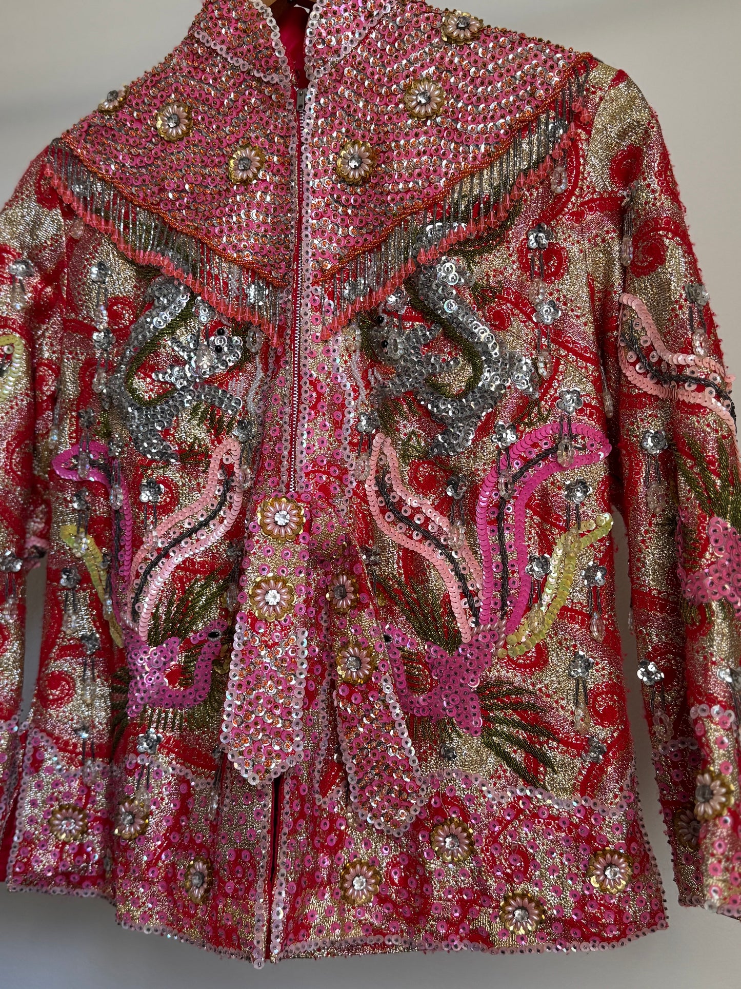 Vintage Dynasty Sequin & Beaded Jacket in Pink/Red
