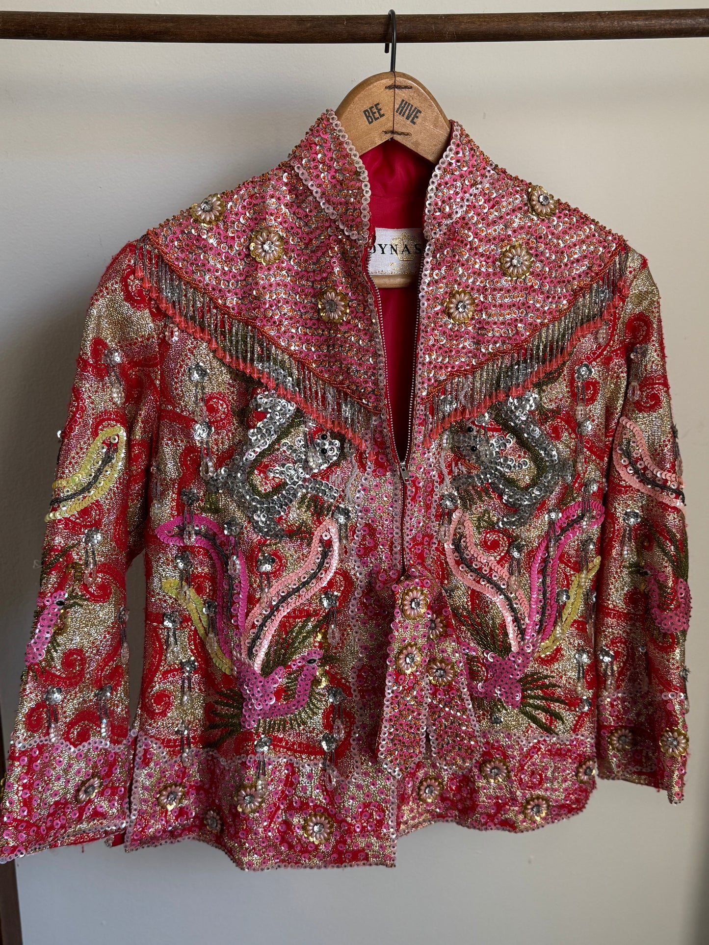 Vintage Dynasty Sequin & Beaded Jacket in Pink/Red