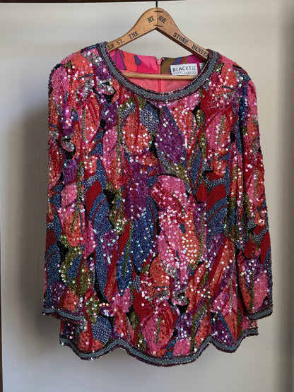 Vintage Black Tie Silk Beaded Top in Multi