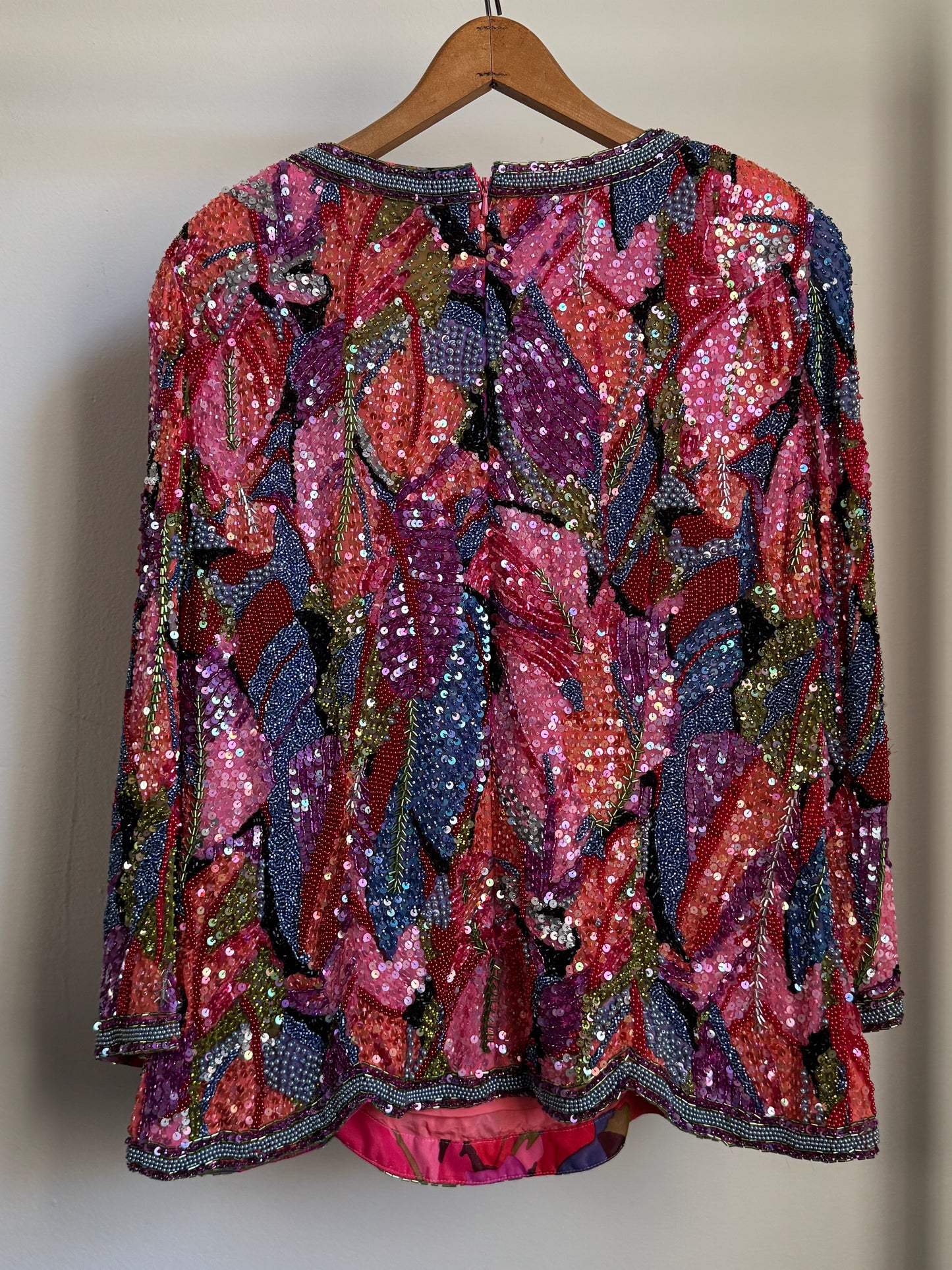 Vintage Black Tie Silk Beaded Top in Multi