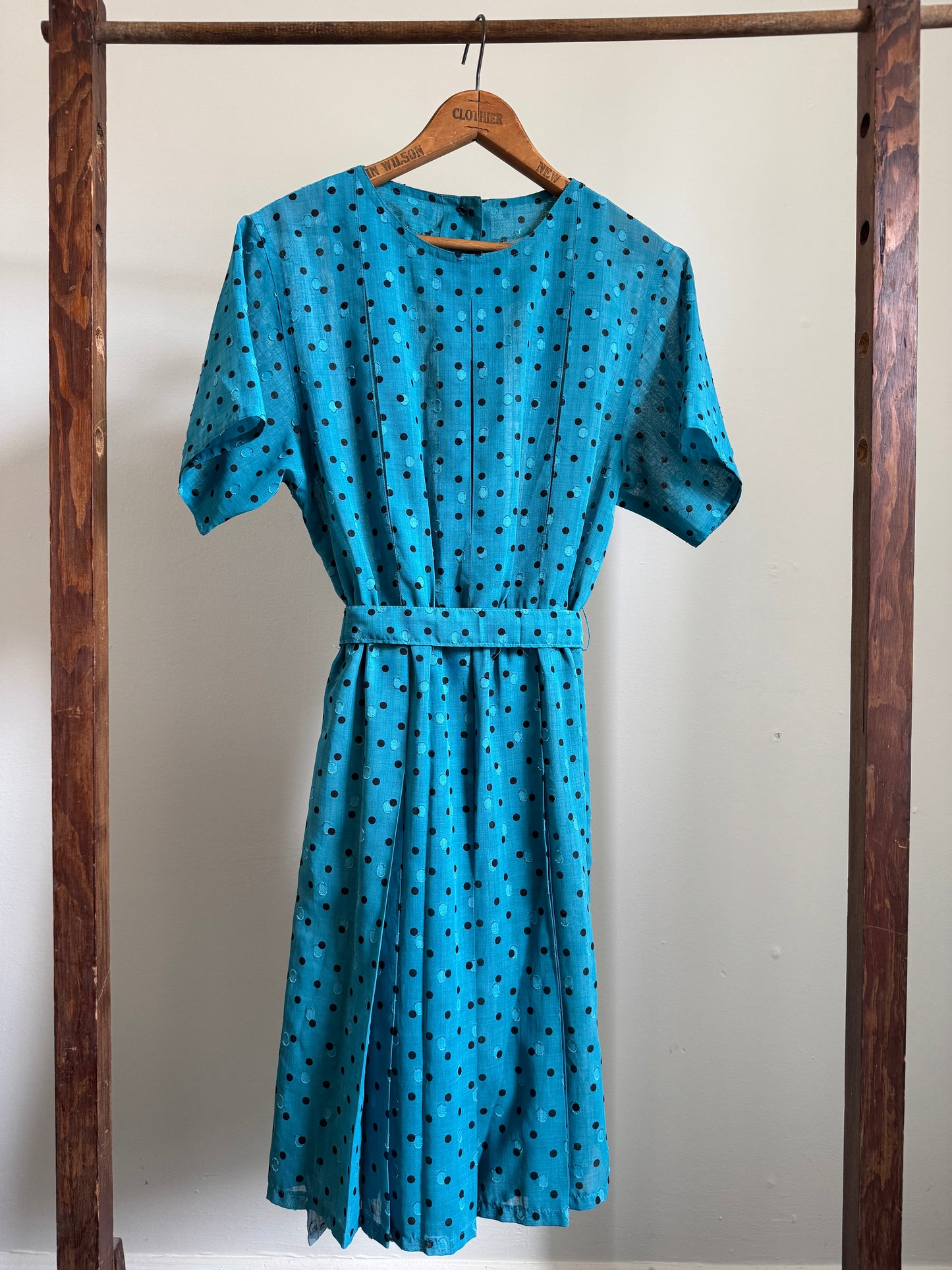 Vintage Polka Dot Pleat Dress in Teal/Black