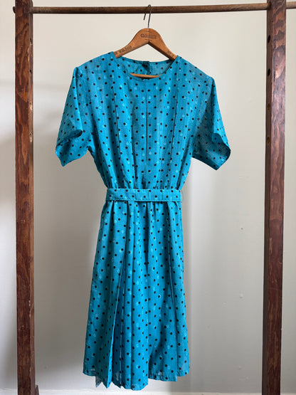 Vintage Polka Dot Pleat Dress in Teal/Black