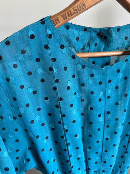 Vintage Polka Dot Pleat Dress in Teal/Black