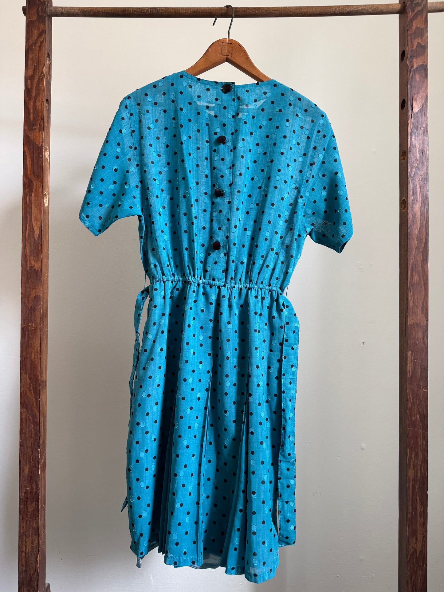 Vintage Polka Dot Pleat Dress in Teal/Black