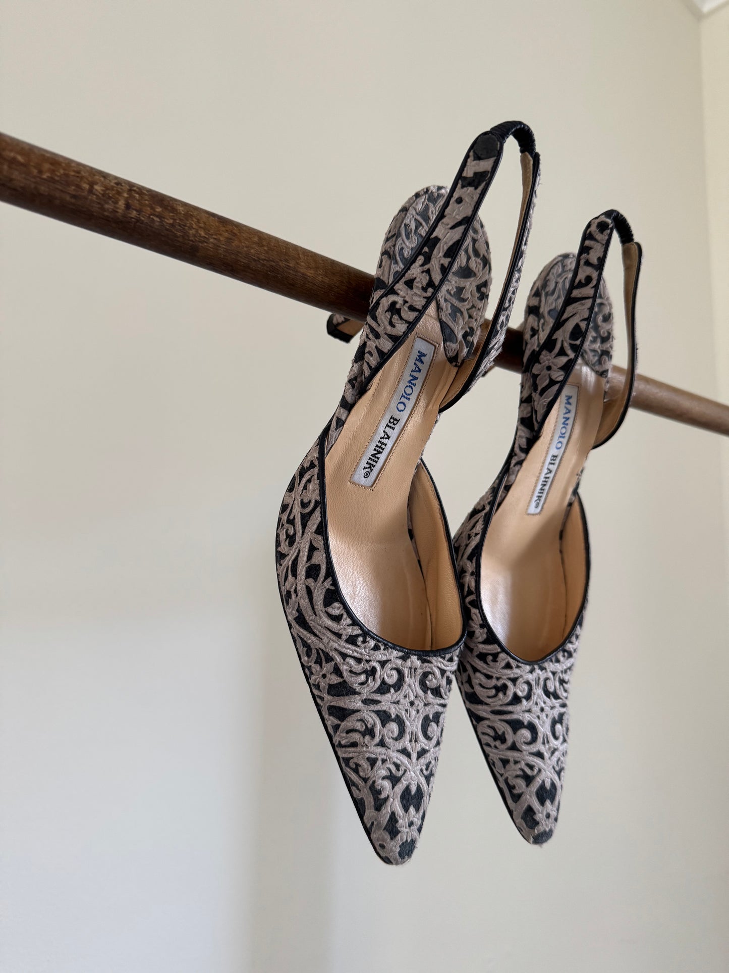 Reclaimed Manolo Blahnik Pointed Toe Slingback Heels in Tapestry