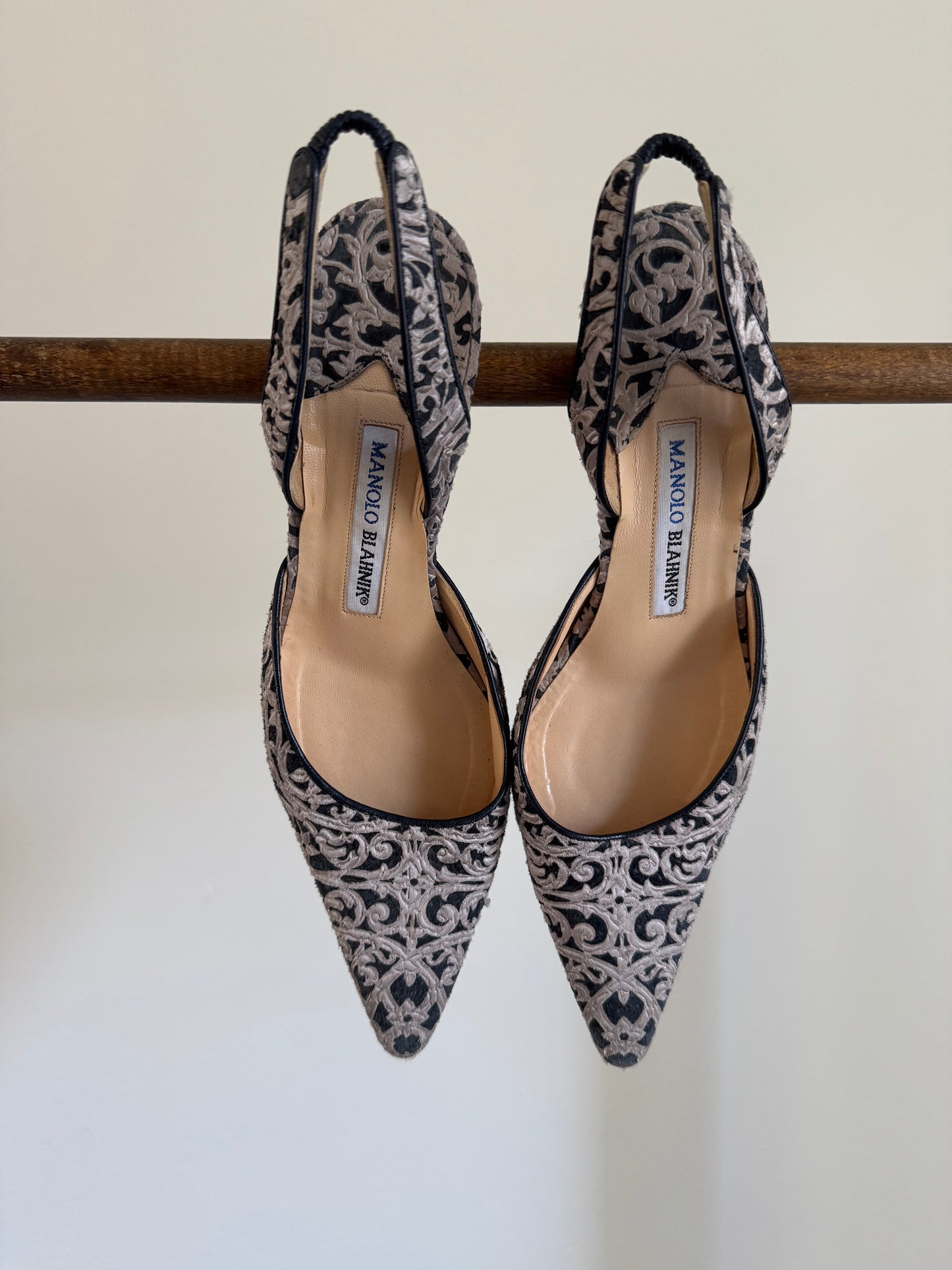 Reclaimed Manolo Blahnik Pointed Toe Slingback Heels in Tapestry