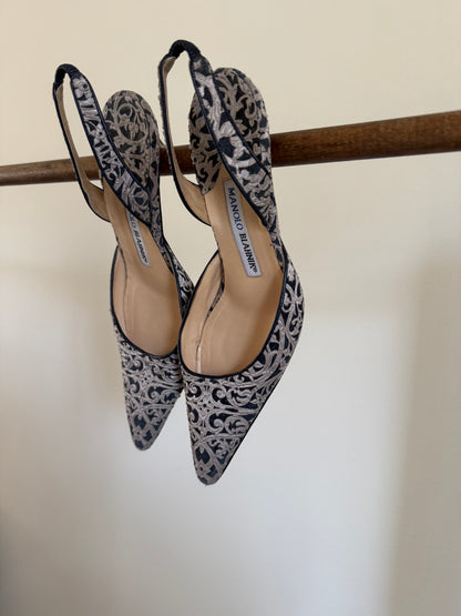 Reclaimed Manolo Blahnik Pointed Toe Slingback Heels in Tapestry