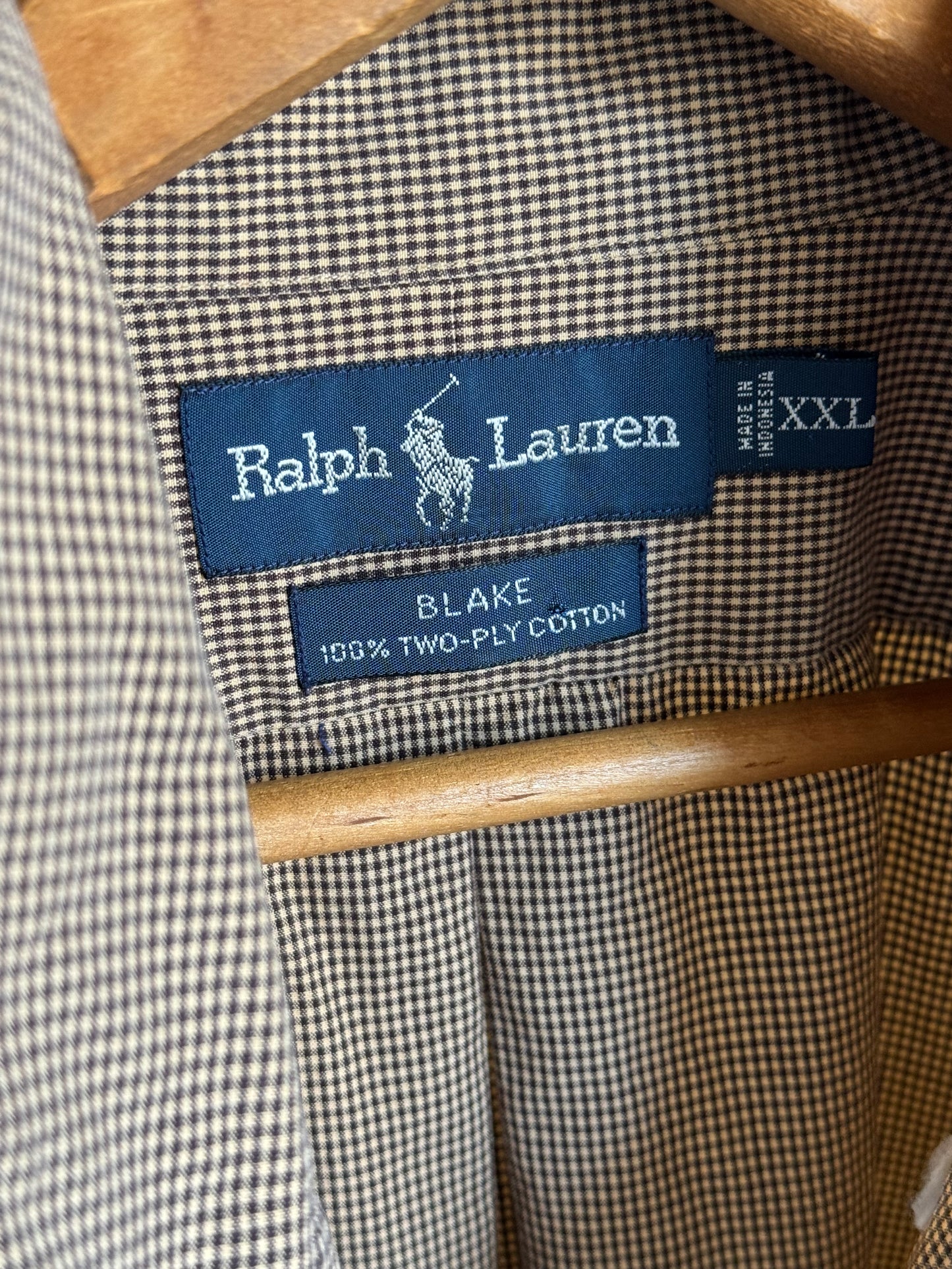 Reclaimed Ralph Lauren Button Down Shirt in Brown/Khaki Micro Check