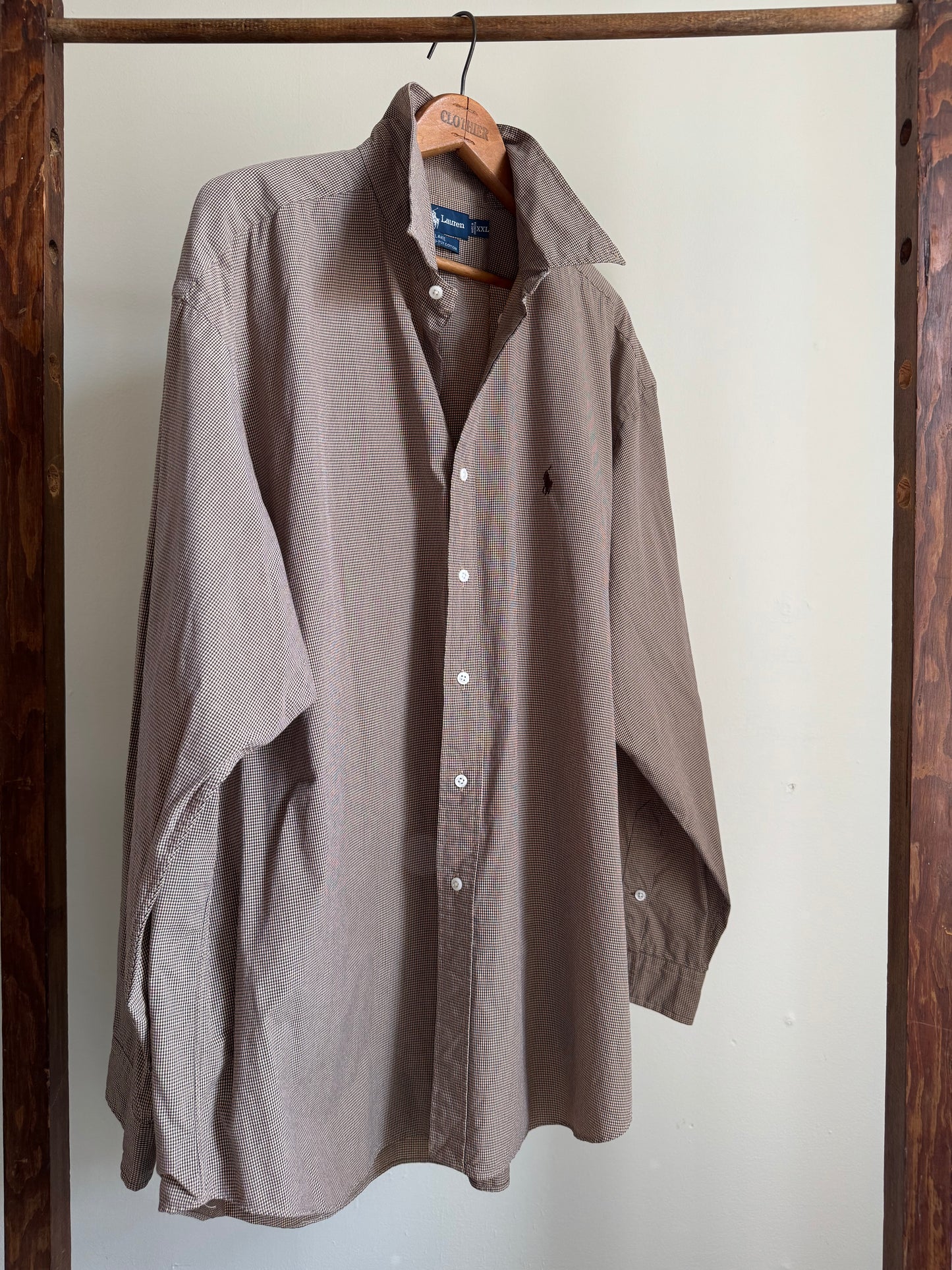 Reclaimed Ralph Lauren Button Down Shirt in Brown/Khaki Micro Check