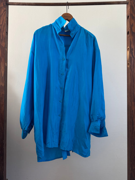 Vintage Gottex Silk Pleated Back Button Down Shirt in Electric Blue