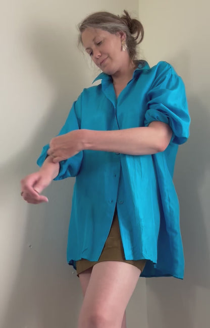 Vintage Gottex Silk Pleated Back Button Down Shirt in Electric Blue
