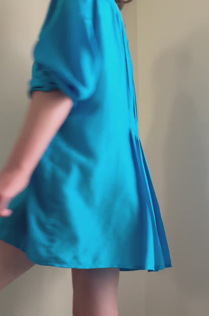 Vintage Gottex Silk Pleated Back Button Down Shirt in Electric Blue